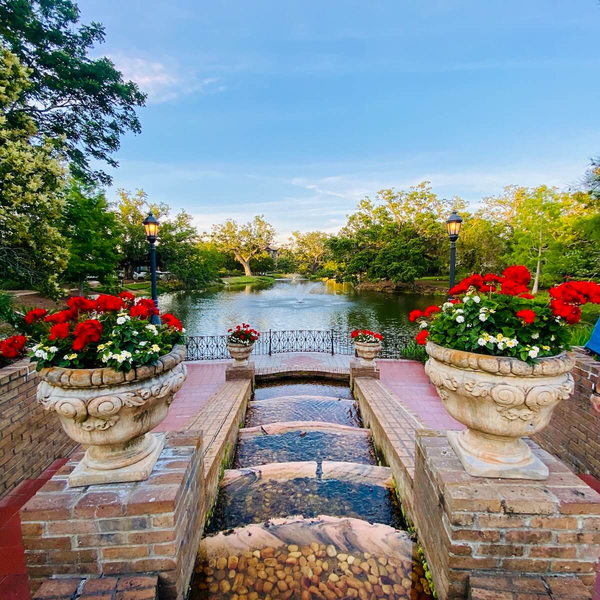 Gardens and reflecting pool with red blooms