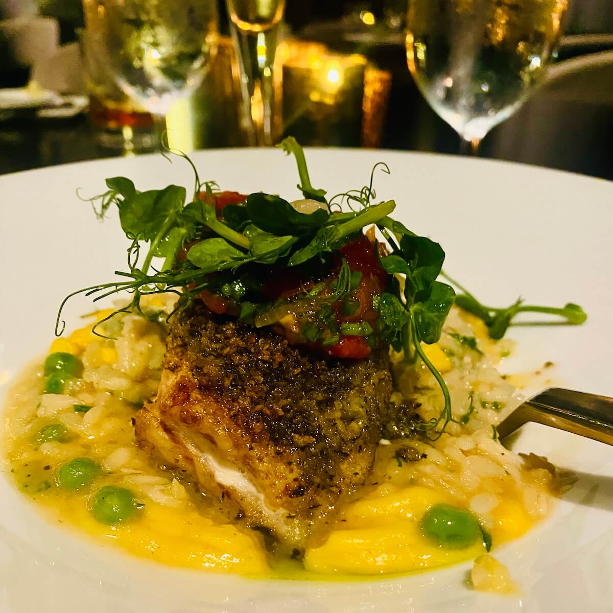 Basil crusted gulf grouper sweet pea crab risotto grand hotel point clear southern roots