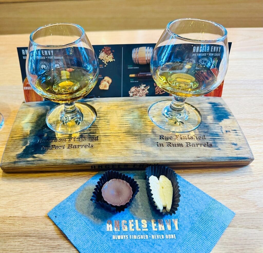 Bourbon flight tasting with chocolate pairing at angel's envy distillery